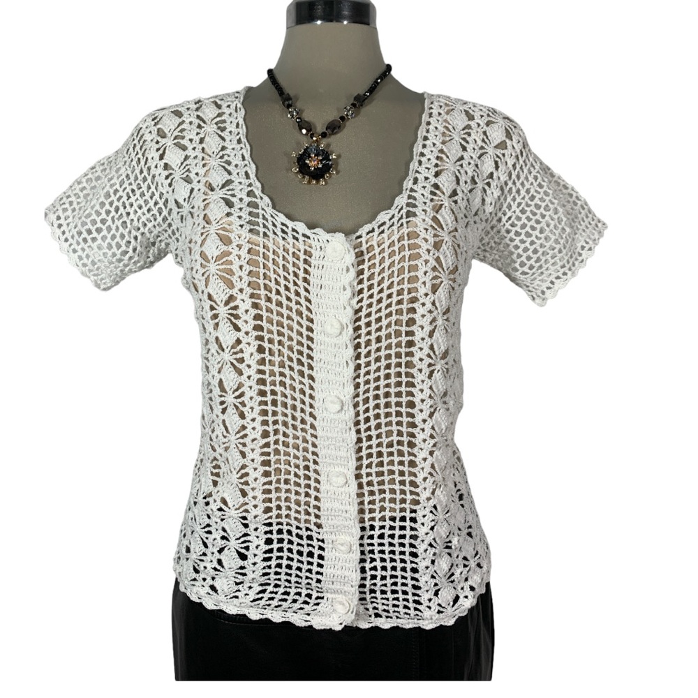* NEW HANDMADE Cute casual white crochet button blouse